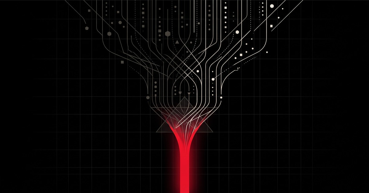 Trazado rojo brillante que emerge de una red de nodos y símbolos geométricos, representando el arranque oficial de la publicidad de pago dentro de la IA (ChatGPT Ads)