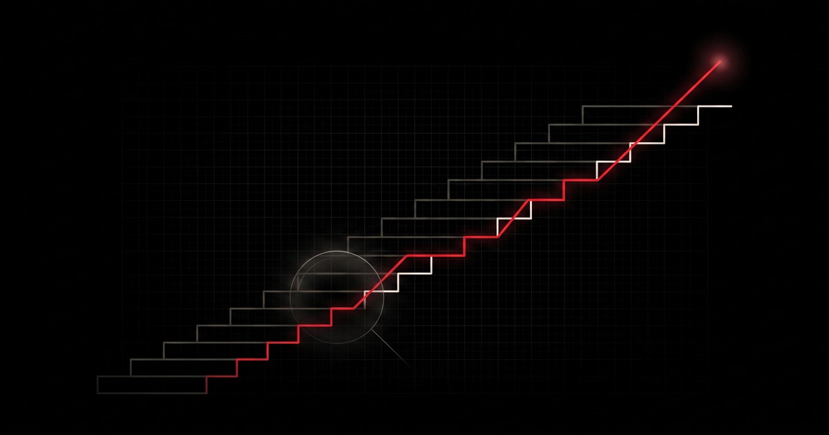 Escalera ascendente con una línea roja que destaca por encima del resto, representando el SEO como una inversión que crece con el tiempo