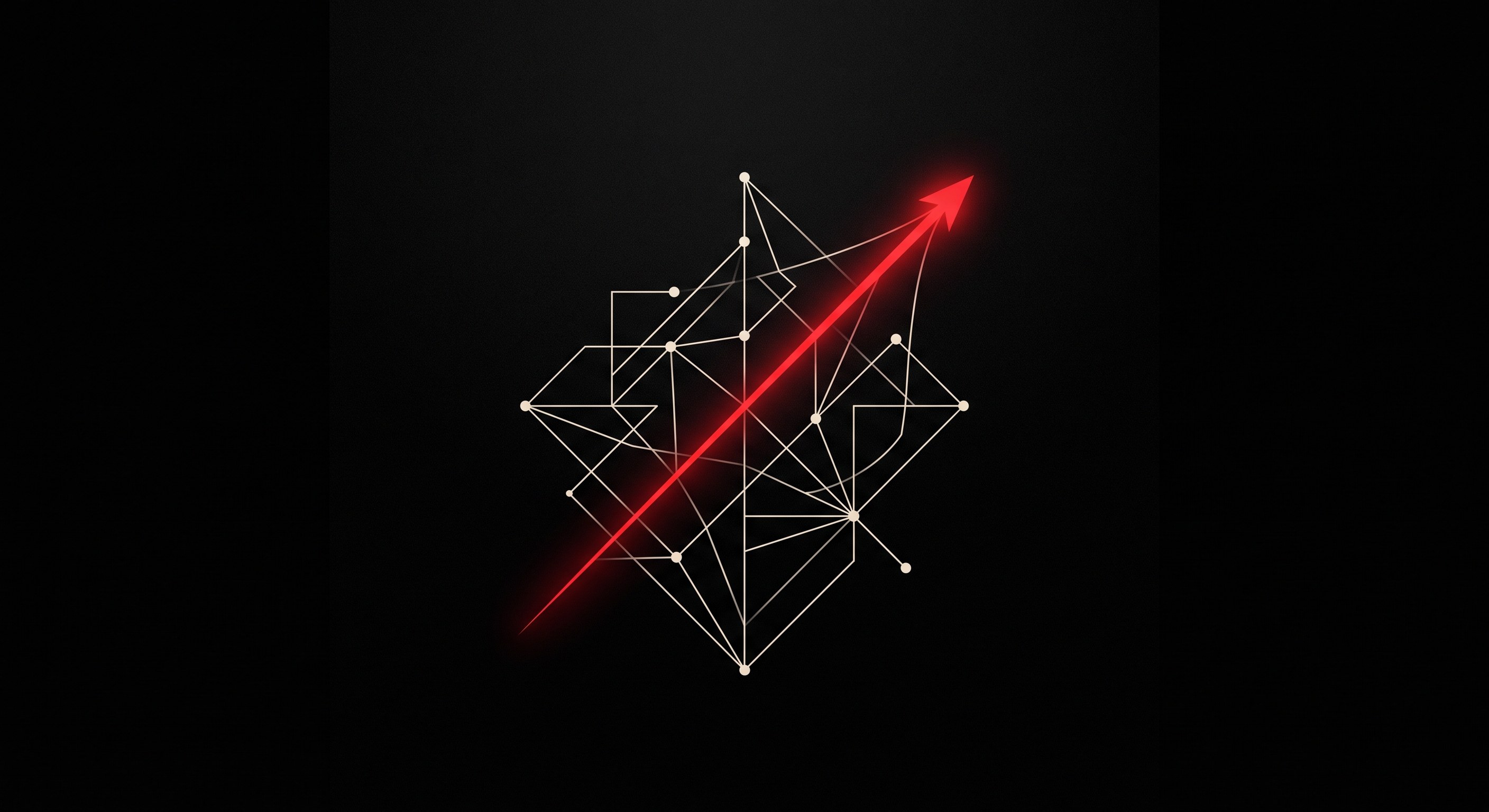 Flecha roja que atraviesa una red geométrica de nodos y asciende hacia arriba, representando el crecimiento sostenido del SEO técnico